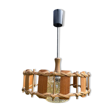 Rattan wood and glass pendant light 1970