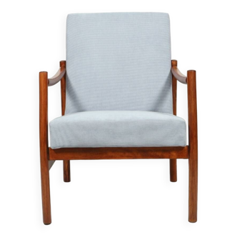 Fauteuil vintage en bois courbé tissus velours tricoté couleur bleu bébé 1970 milieu de siècle design moderne style scandinave