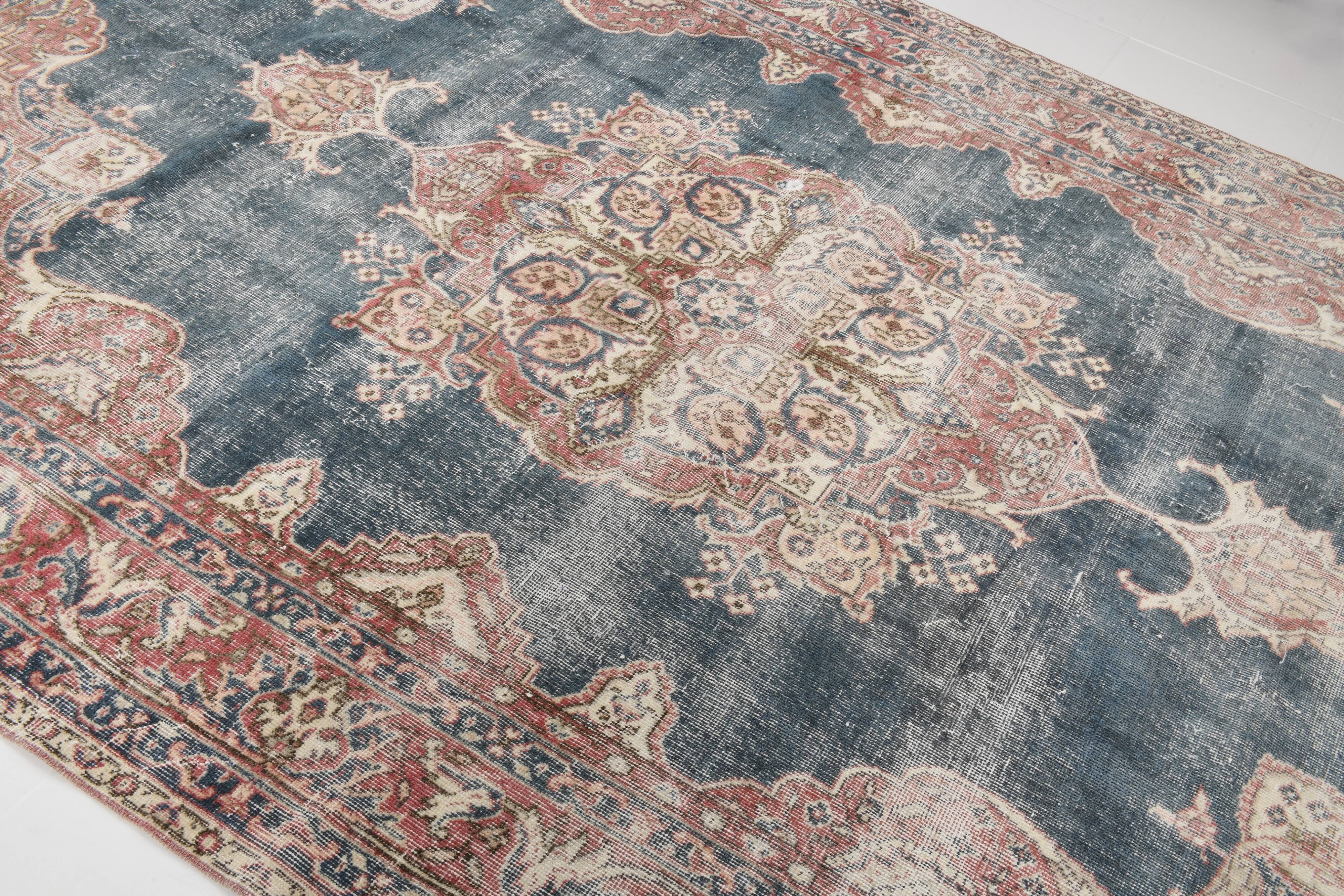Faded Navy Blue Classic Vintage Persian Rug, 202x323 Cm
