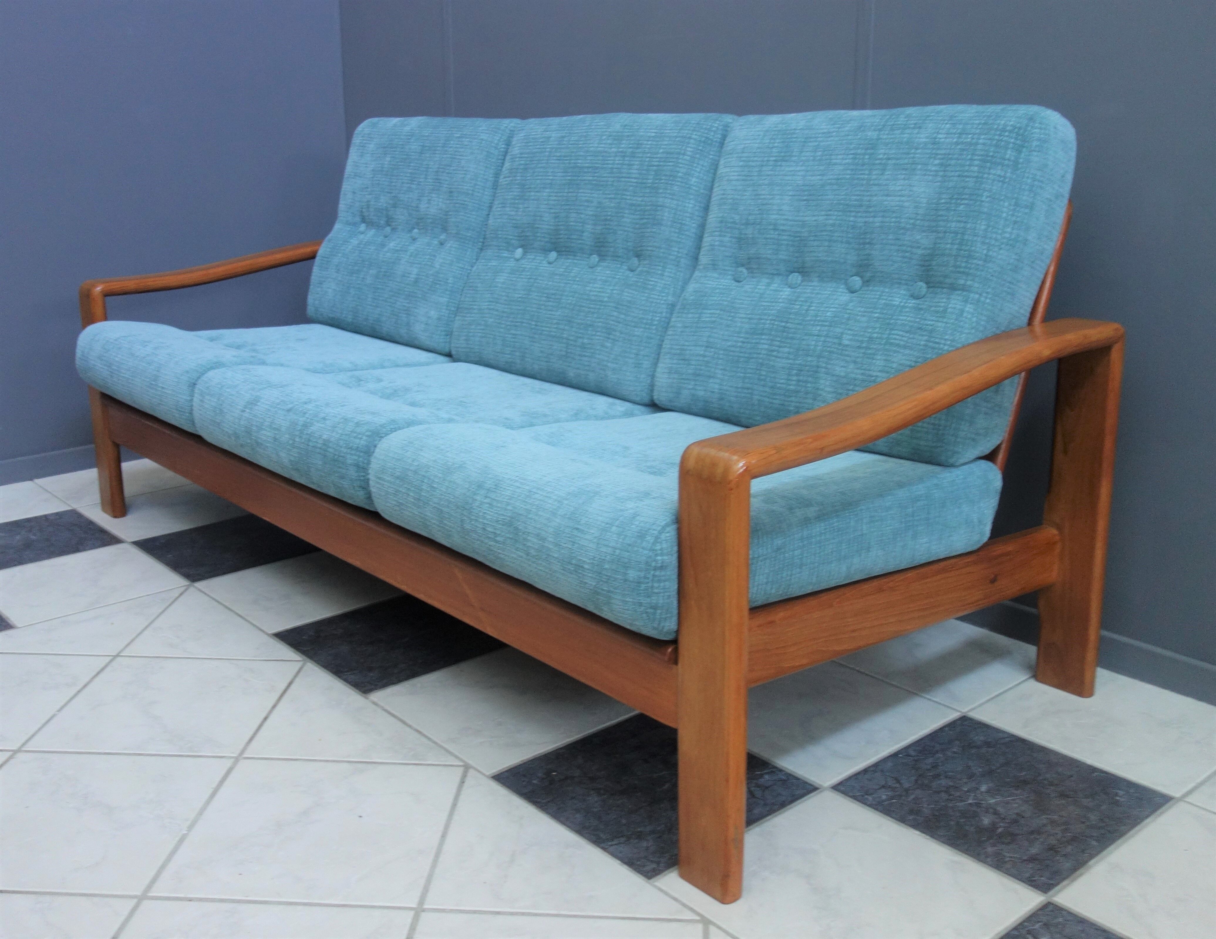 Teak and Green fabric Danish 3 seat sofa 1960s