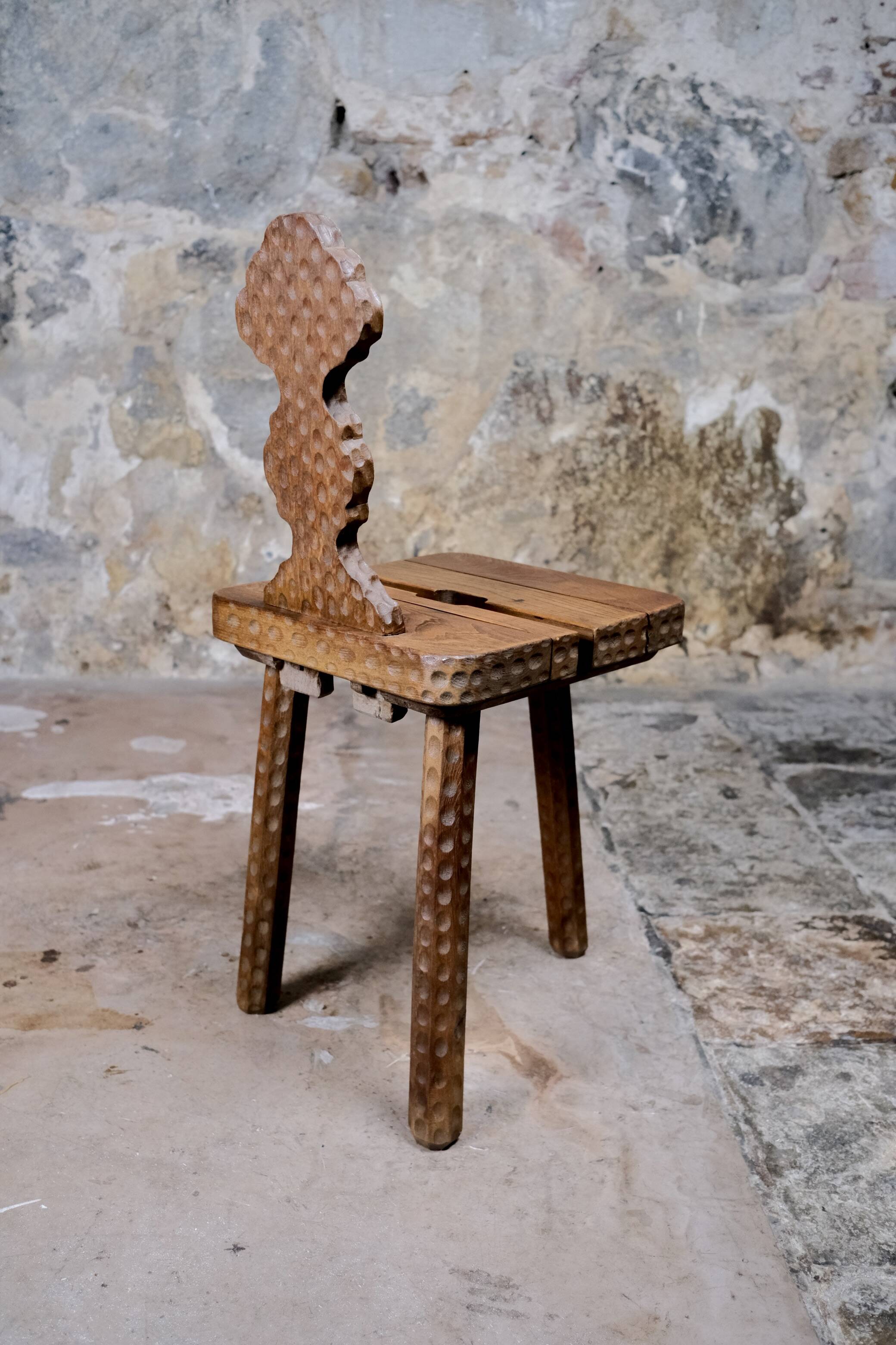 Pair of solid oak Breton chairs in folk art style