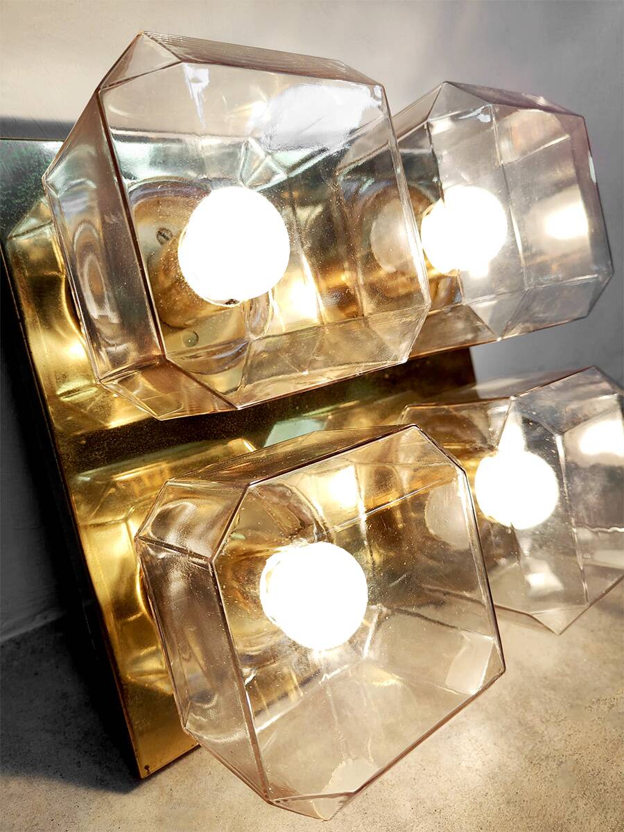 Vintage brass square flush mounts glass ceiling lamp Glashütte Limburg