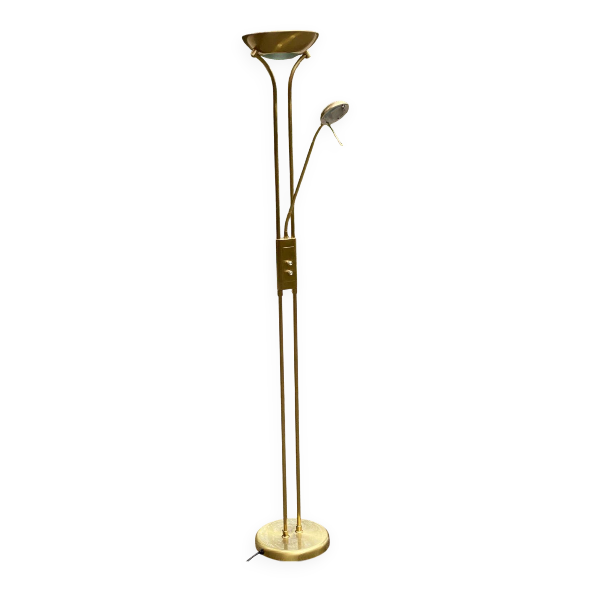 Vintage Italian design gold halogen floor lamp with double spotlight dome.