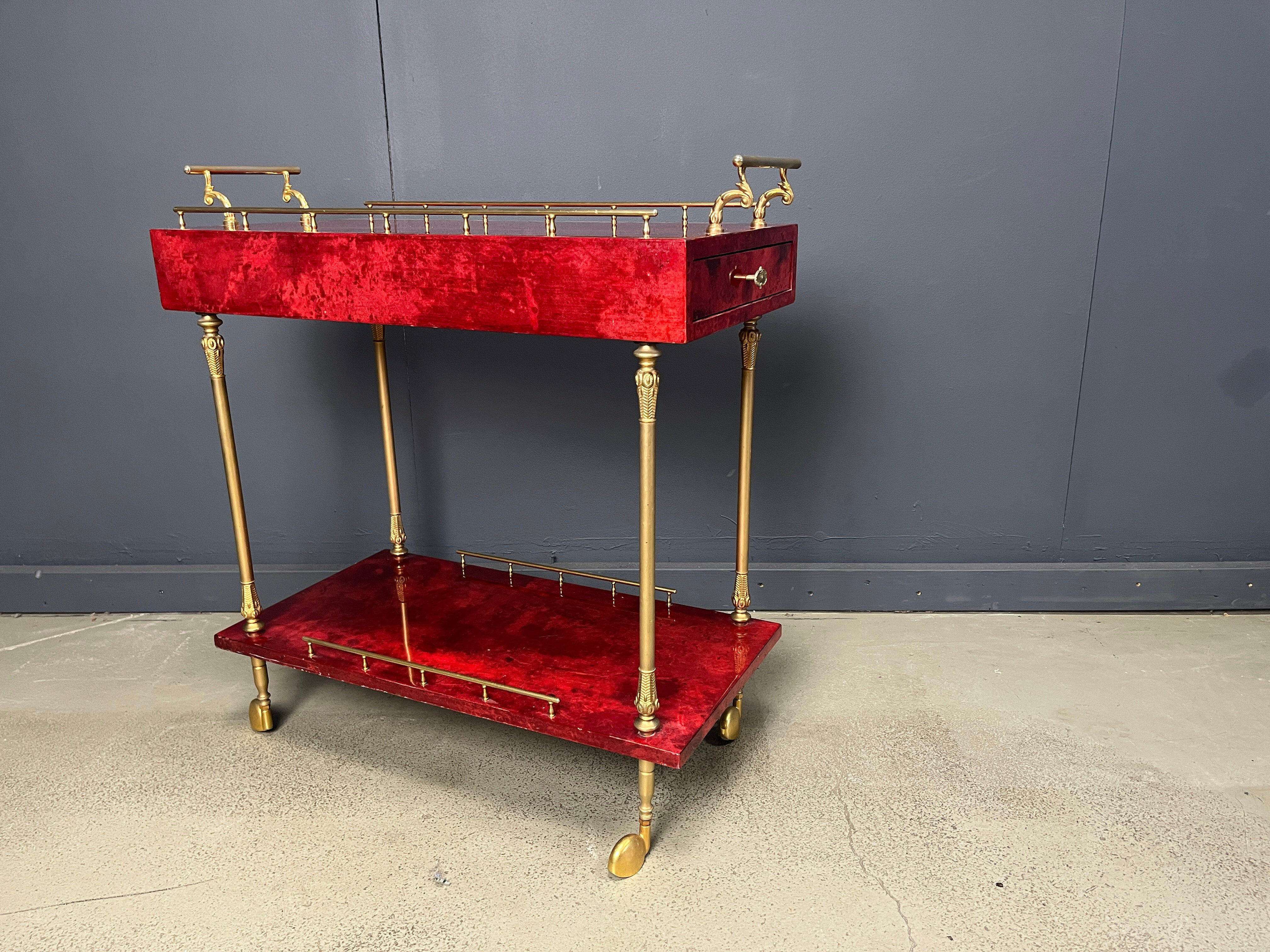 Rare Italian lacquered goatskin / parchment serving bar cart by Aldo Tura, 1960s
