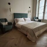 lot pair of signed armchairs with headboard