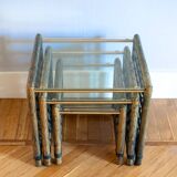 Vintage nesting tables in bamboo with glass top by Gallotti & Radice, 1970, set of 3.