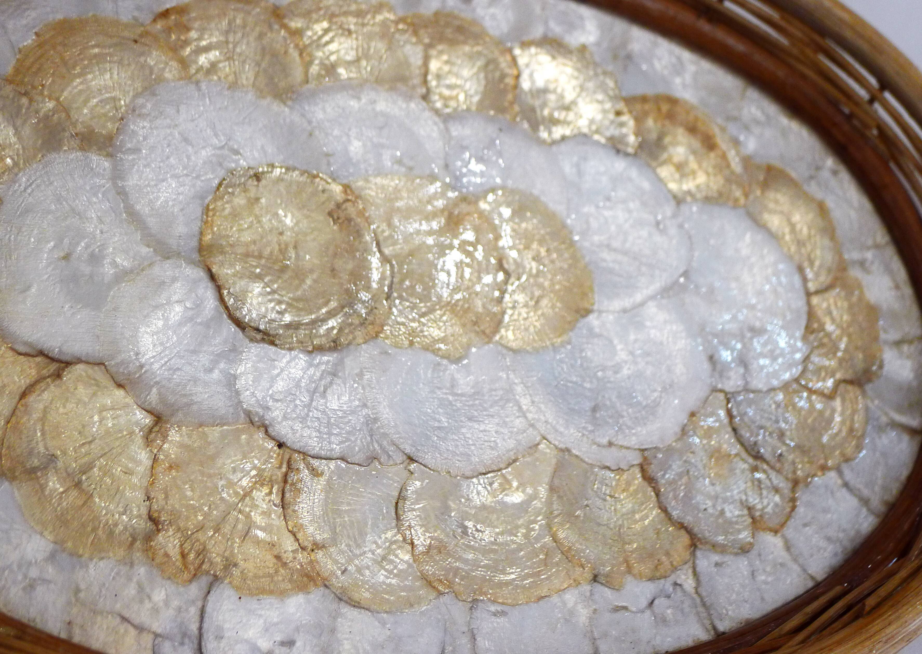 Mother-of-pearl and rattan tray
