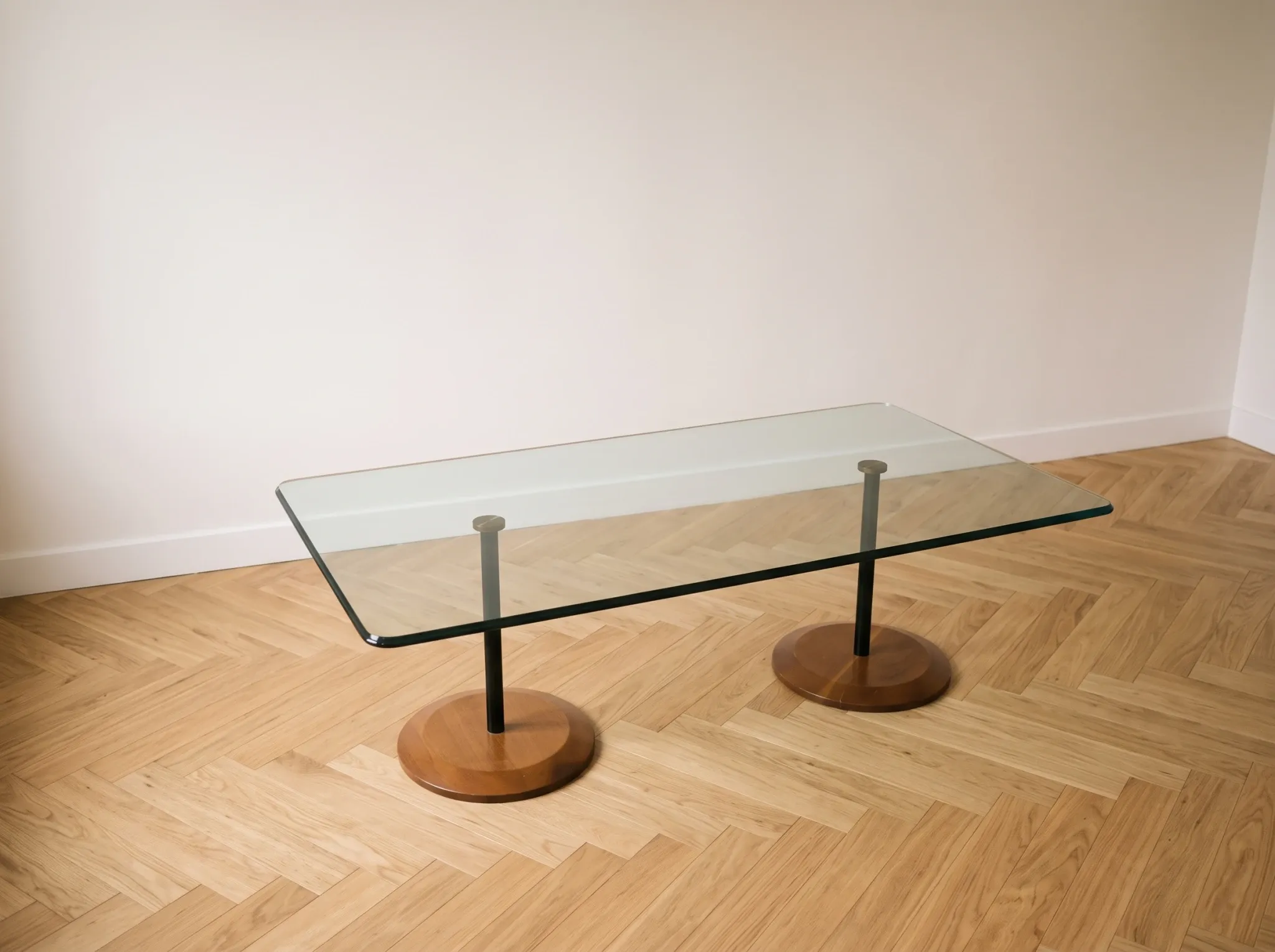 Table basse en verre et bois, années 70