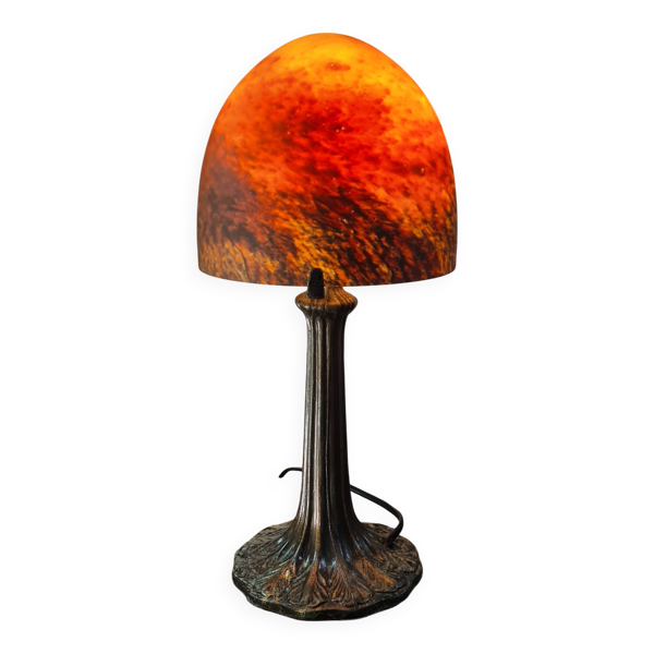 Lampe champignon pate de verre pied metal patiné bronze 39x18 elec refait a neuf