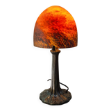 Lampe champignon pate de verre pied metal patiné bronze 39x18 elec refait a neuf