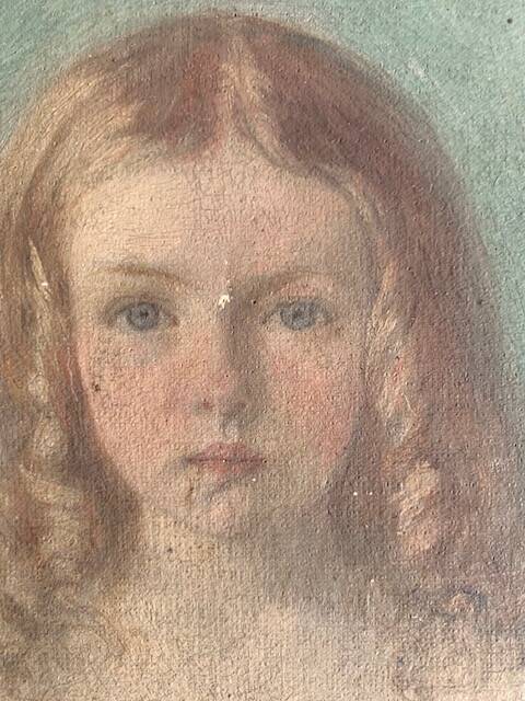 19th century portrait of a young girl, oil painting framed in oval gilded wood
