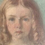19th century portrait of a young girl, oil painting framed in oval gilded wood