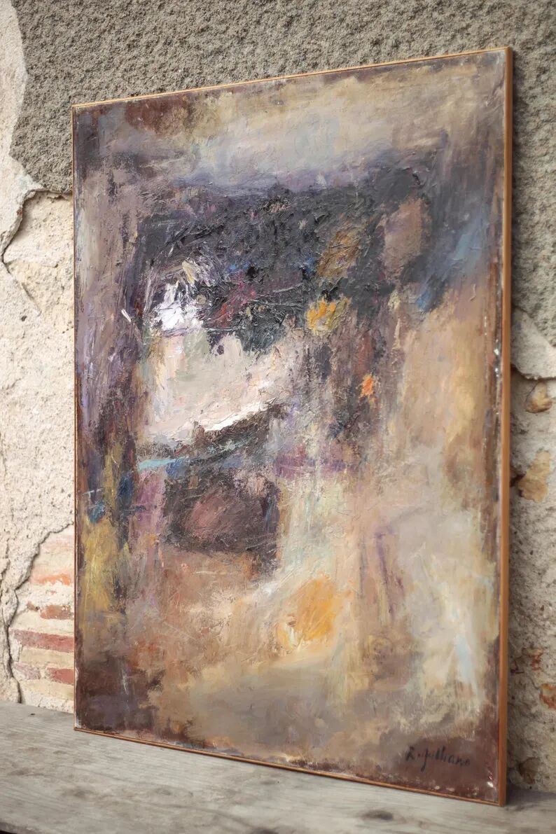 Oil on canvas signed Raymond Galliano, abstract composition, large wall painting, interior decoration.