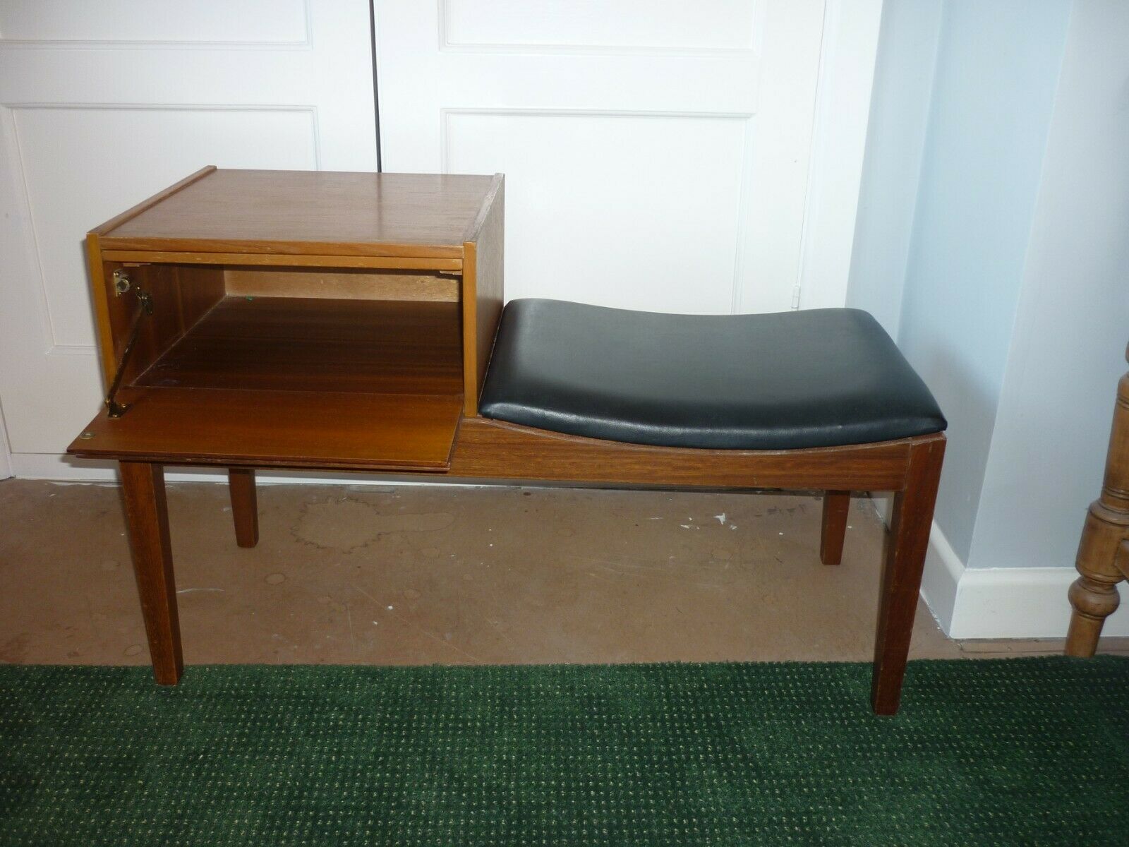 Banquette de téléphone en teck ancien avec siège en vinyle