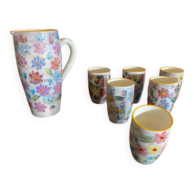 Service à orangeade, pichet et 6 verres Vallauris en céramique fleurs