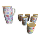 Orangeade Service VALLAURIS Ceramic Flowers Pitcher + 6 Vinta Glasses