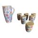 Orangeade Service VALLAURIS Ceramic Flowers Pitcher + 6 Vinta Glasses