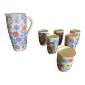 Service à orangeade, pichet et 6 verres Vallauris en céramique fleurs