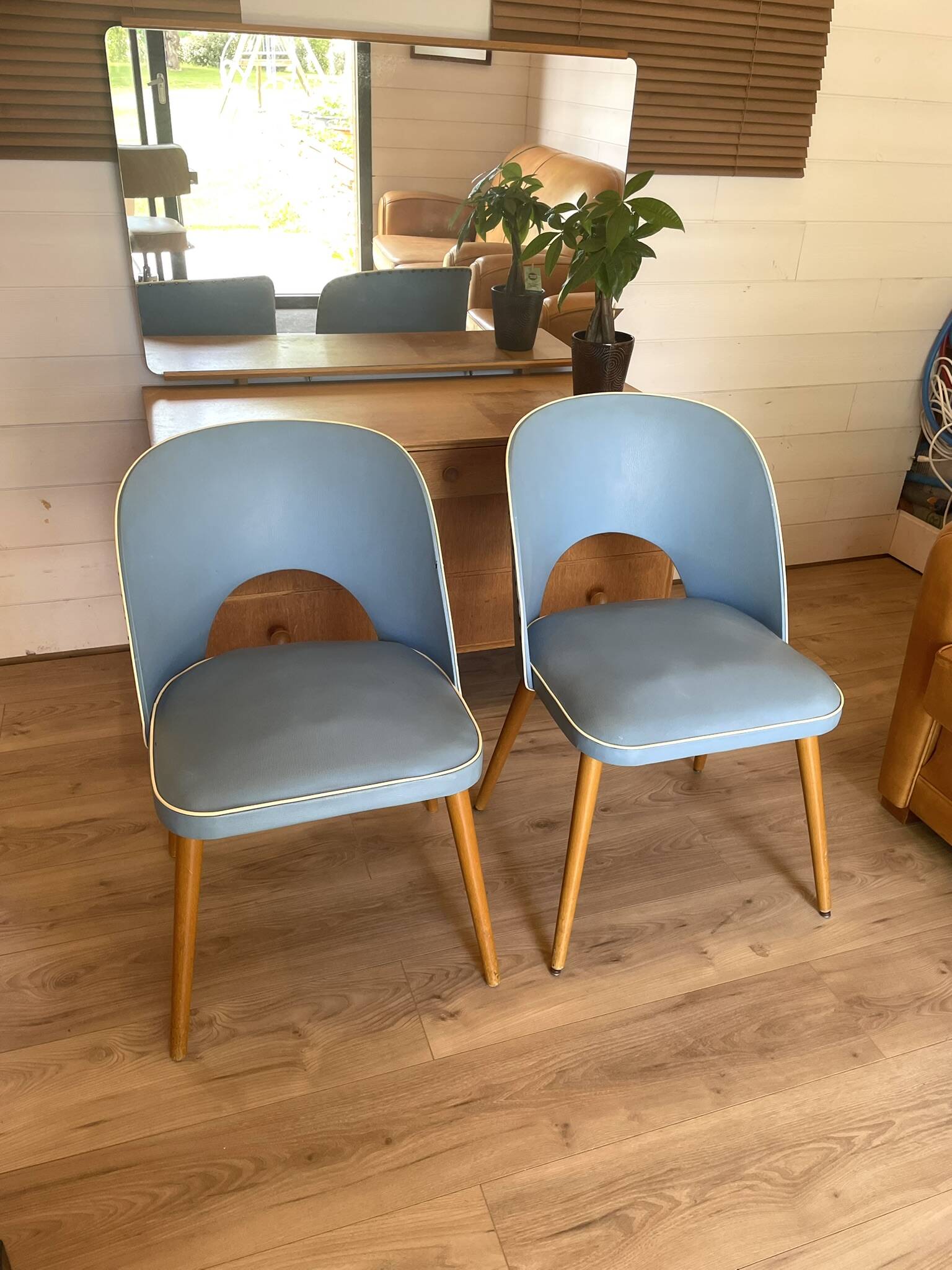 Vintage 1950s Chair Pair – Blue Faux Leather & Compass Legs (Guaric Style)