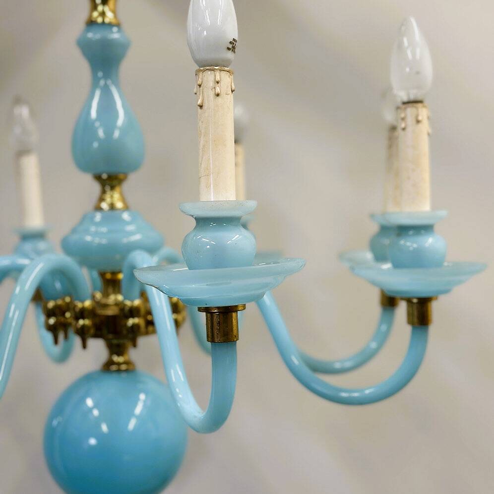 Statement French blue opaline glass chandelier with brass accents, 1960s