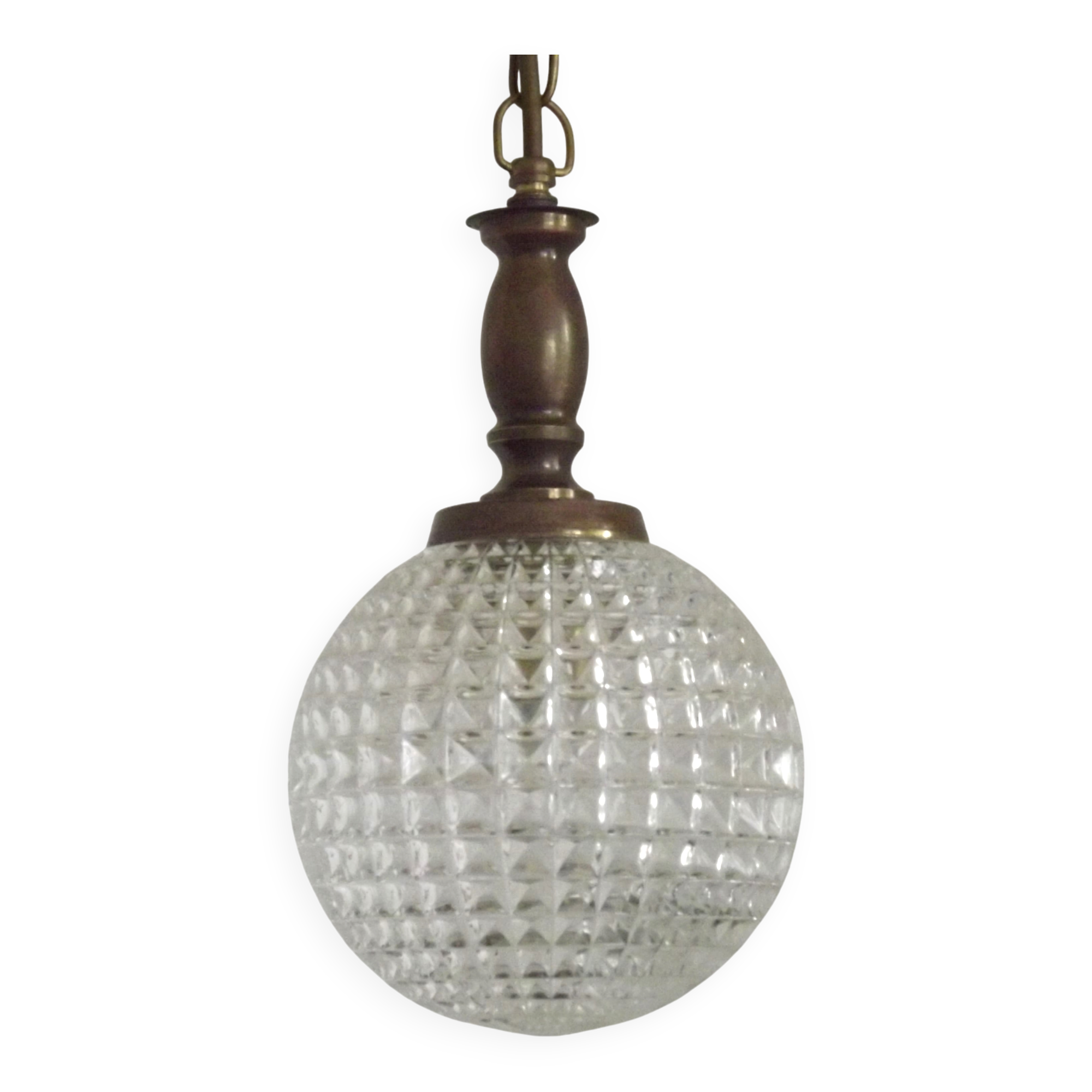 French Vintage Molded Glass & Brass Pendant Light 1970s Globe Hanging Lamp