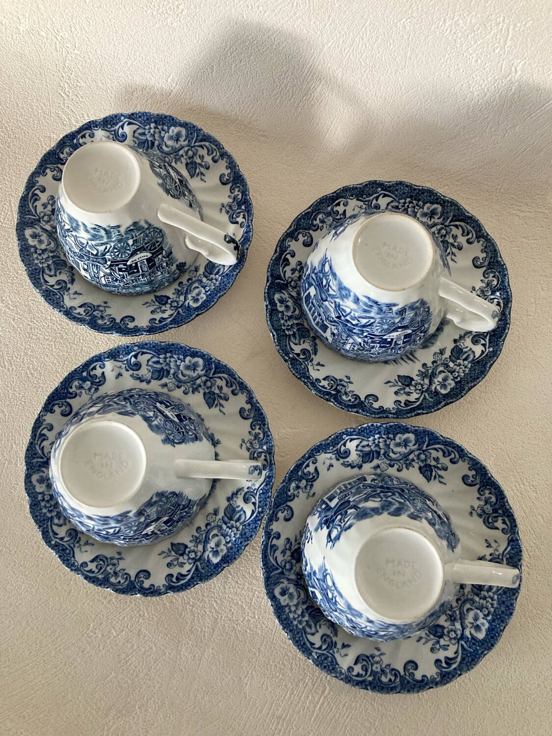 4 Coaching Scenes Blue Tea Cups and Saucers by Johnson Bros Ireston