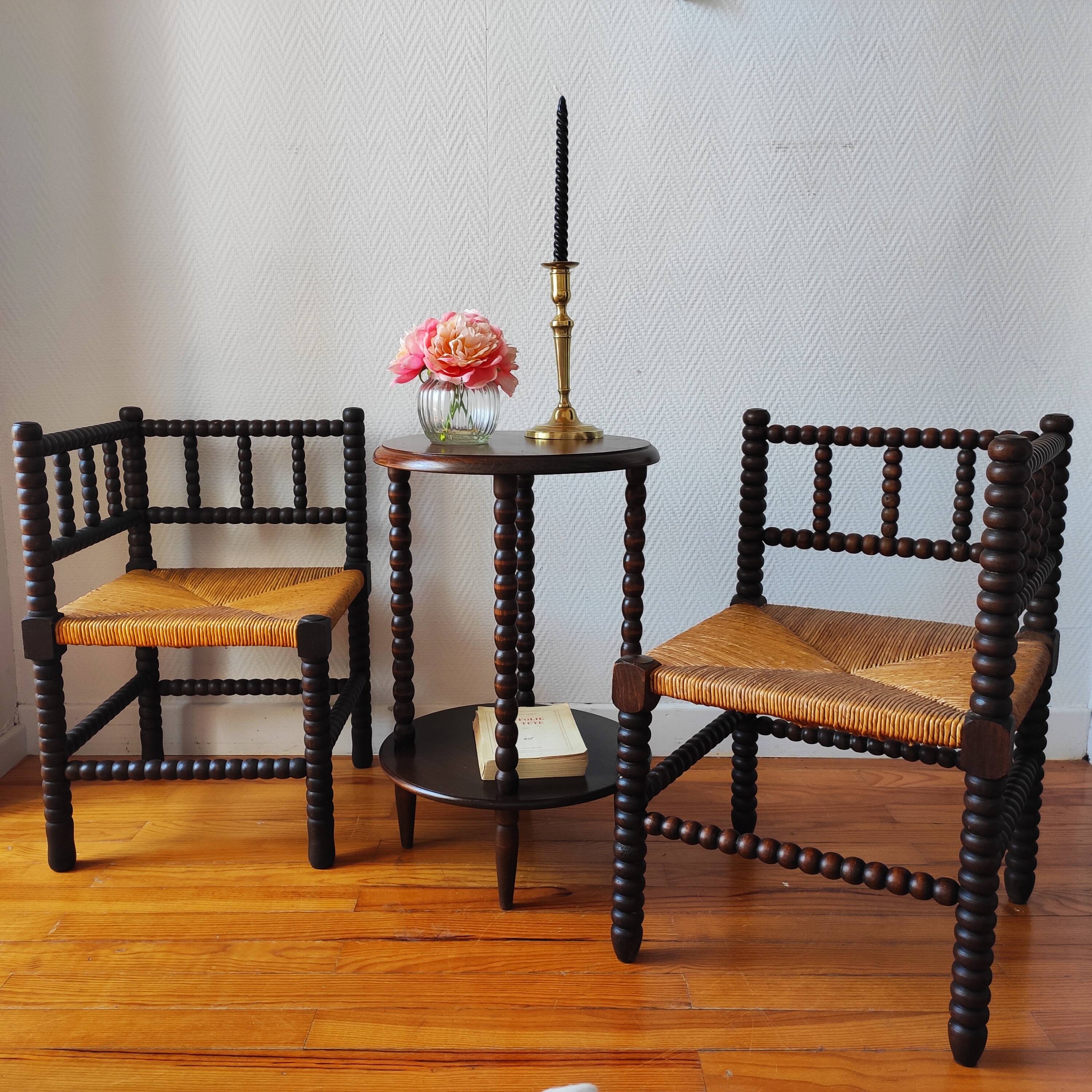 Pair of French corner chairs - turned wood, mid-20th century.
