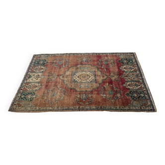 160x254 Cm Hand Knotted Wool Red Blue Tones Oriental Rug, Vintage Medalliion Pattern Low Pile Carpet