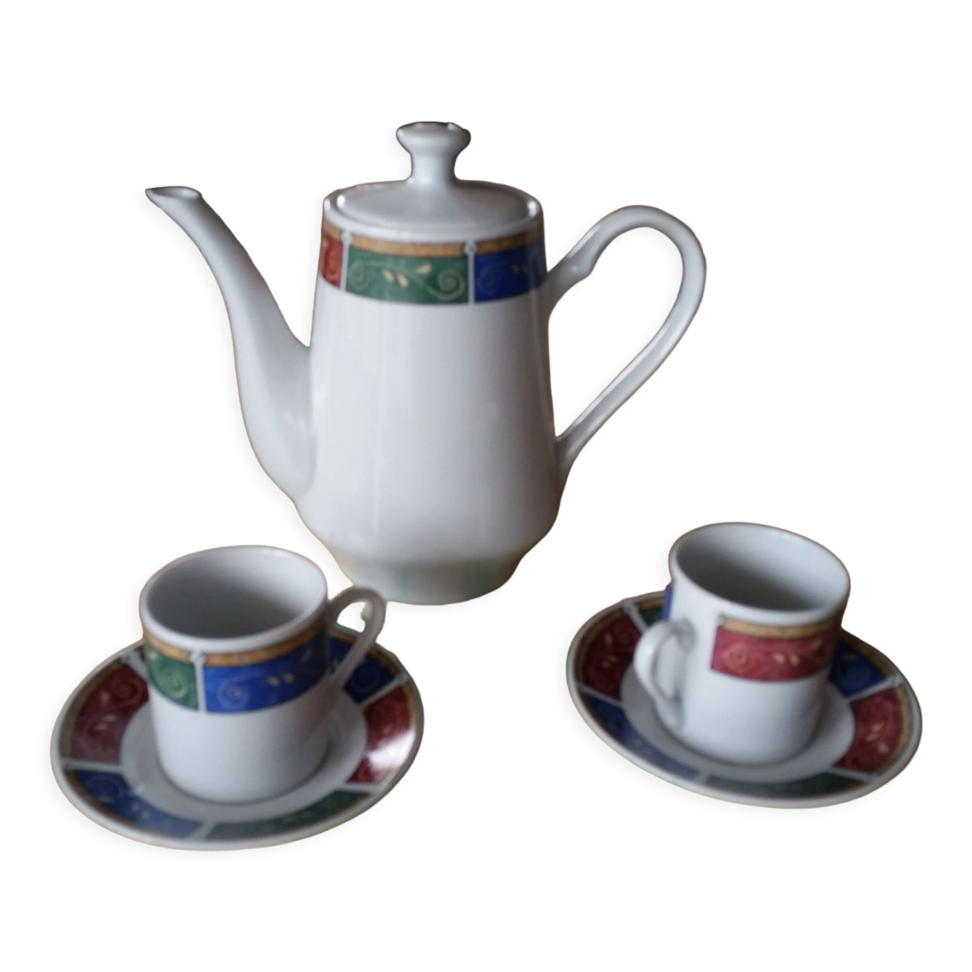 Coffee service cups saucers and coffee maker