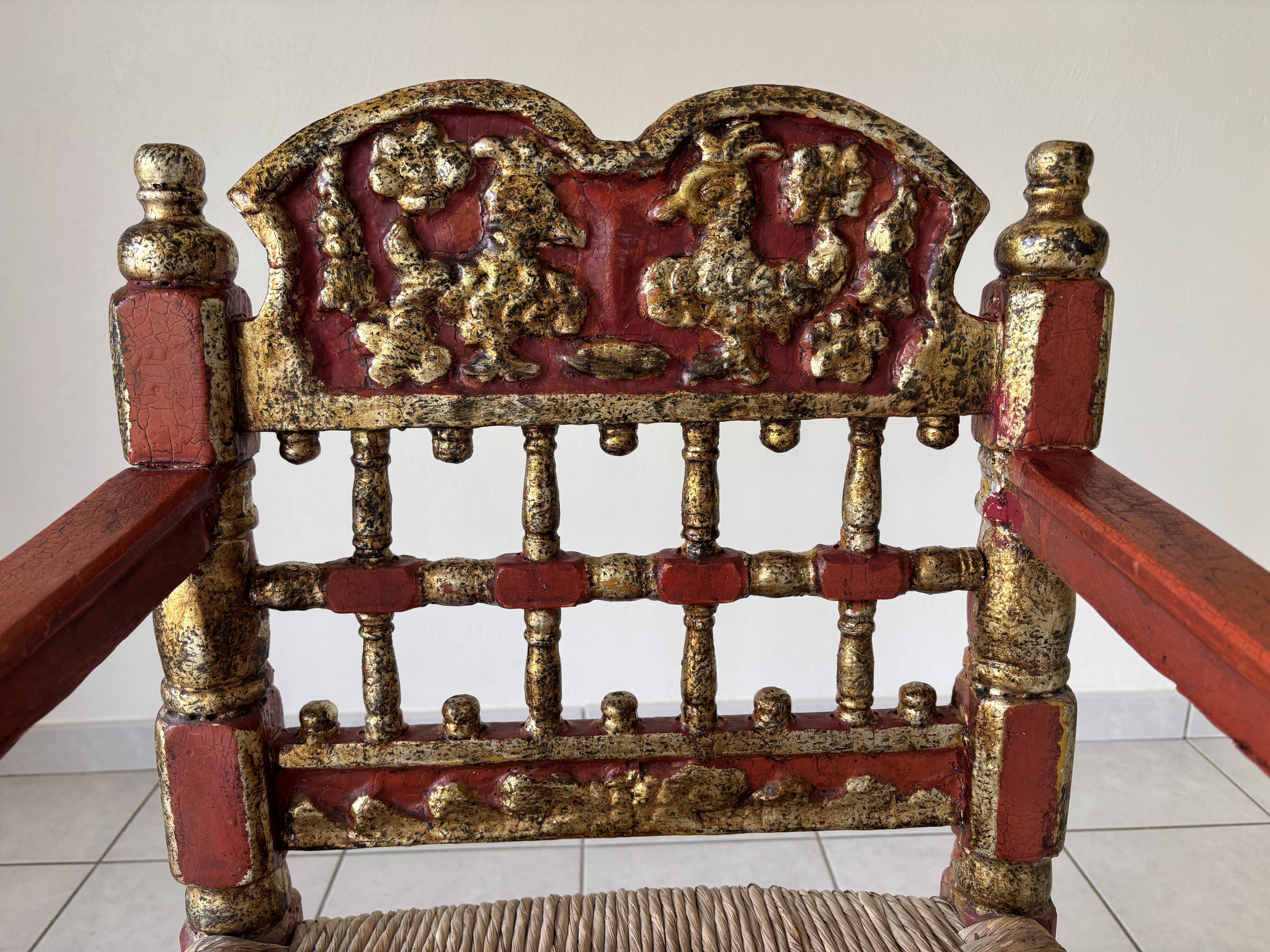 Vintage Spanish low chair in painted wood and straw (Majorca Andalusia)