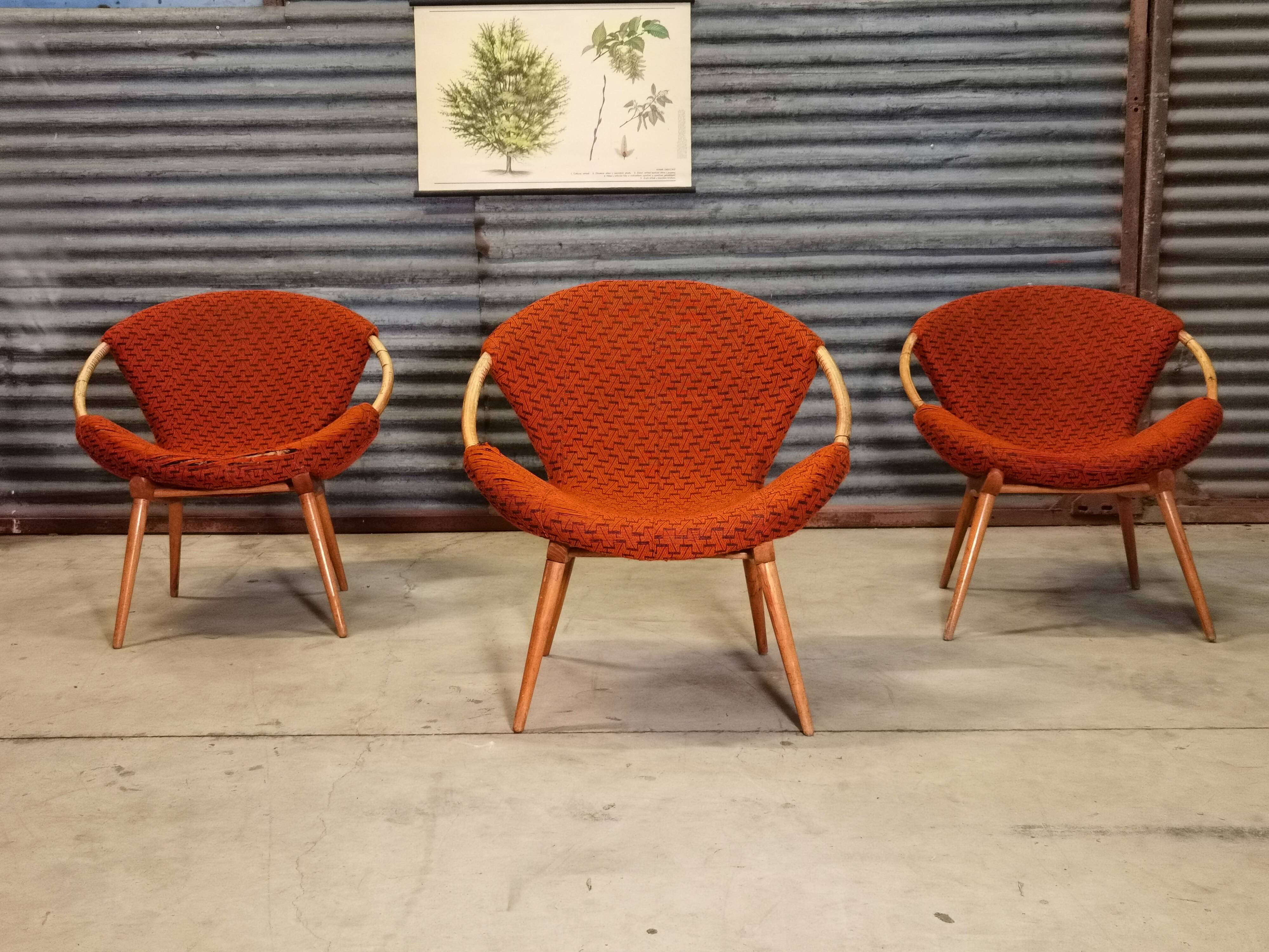 Czechoslovak shell armchair rattan wood fabric