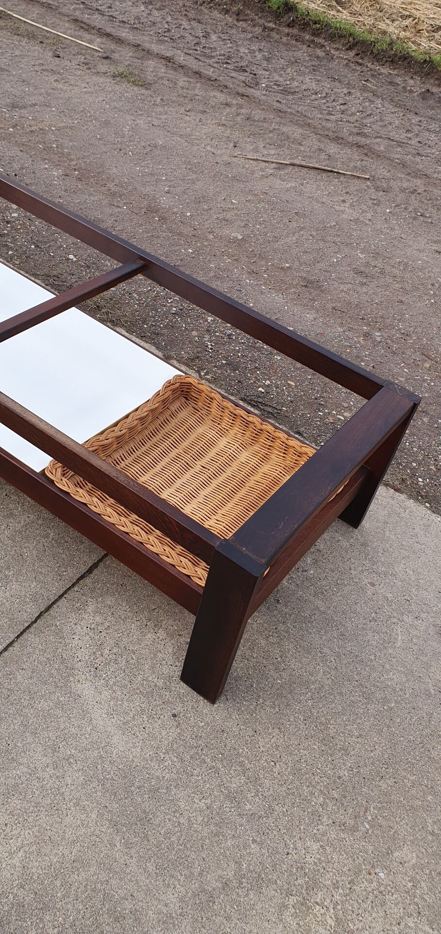 Vintage 1970s coffee table 137 cm wenge smoked glass  wicker basket