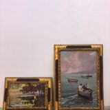 Two paintings, landscape and fishing