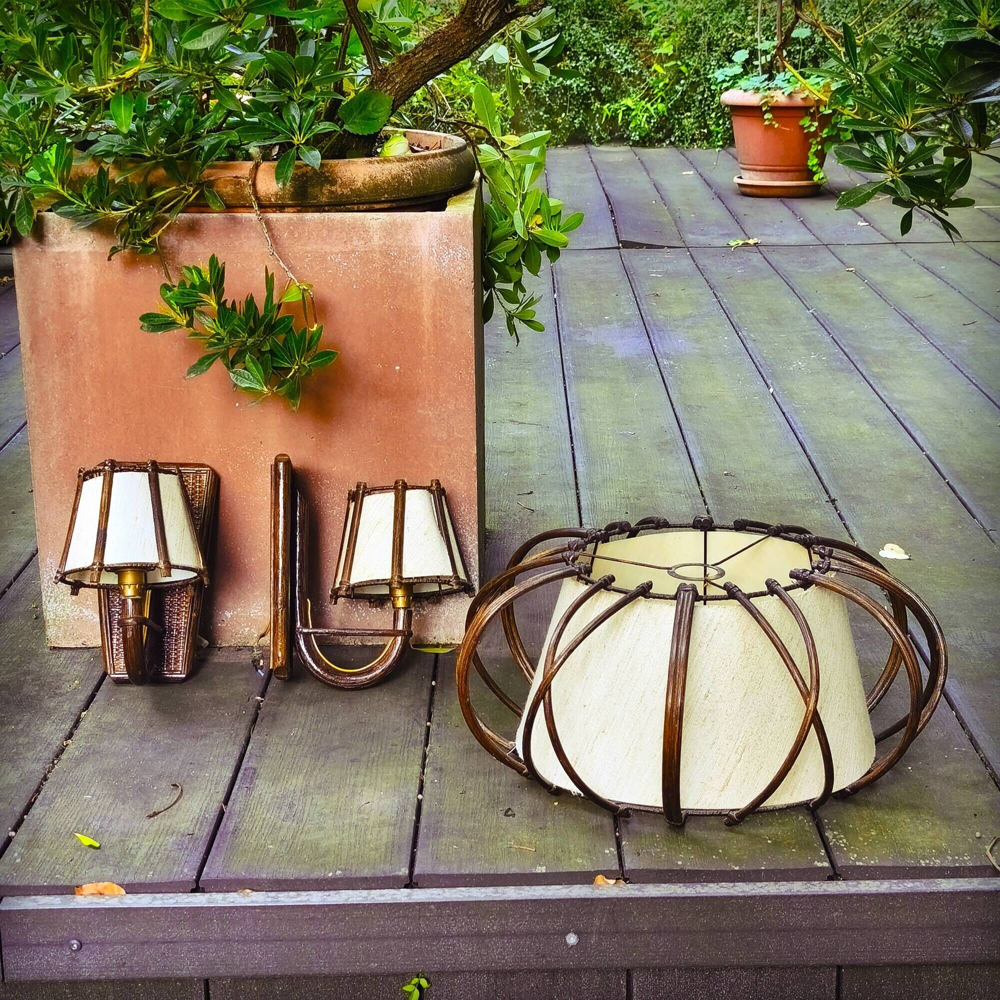 Suspension light and its 2 rattan wall lights by Louis Sognot, 1950s