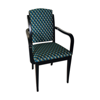 Fauteuil bridge années 60 tissu art déco bleu et or