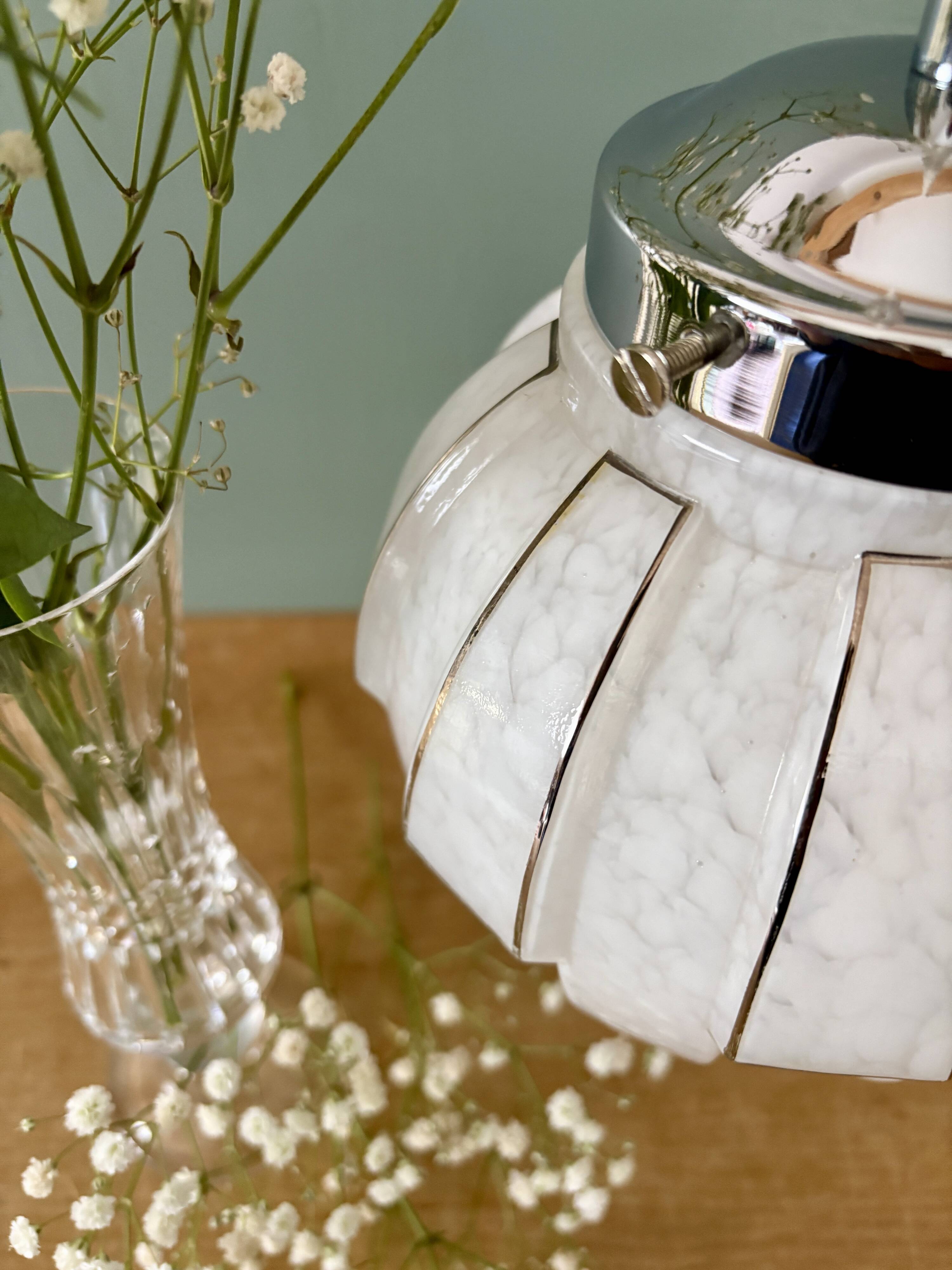 Vintage art deco globe pendant light in white and silver Clichy glass