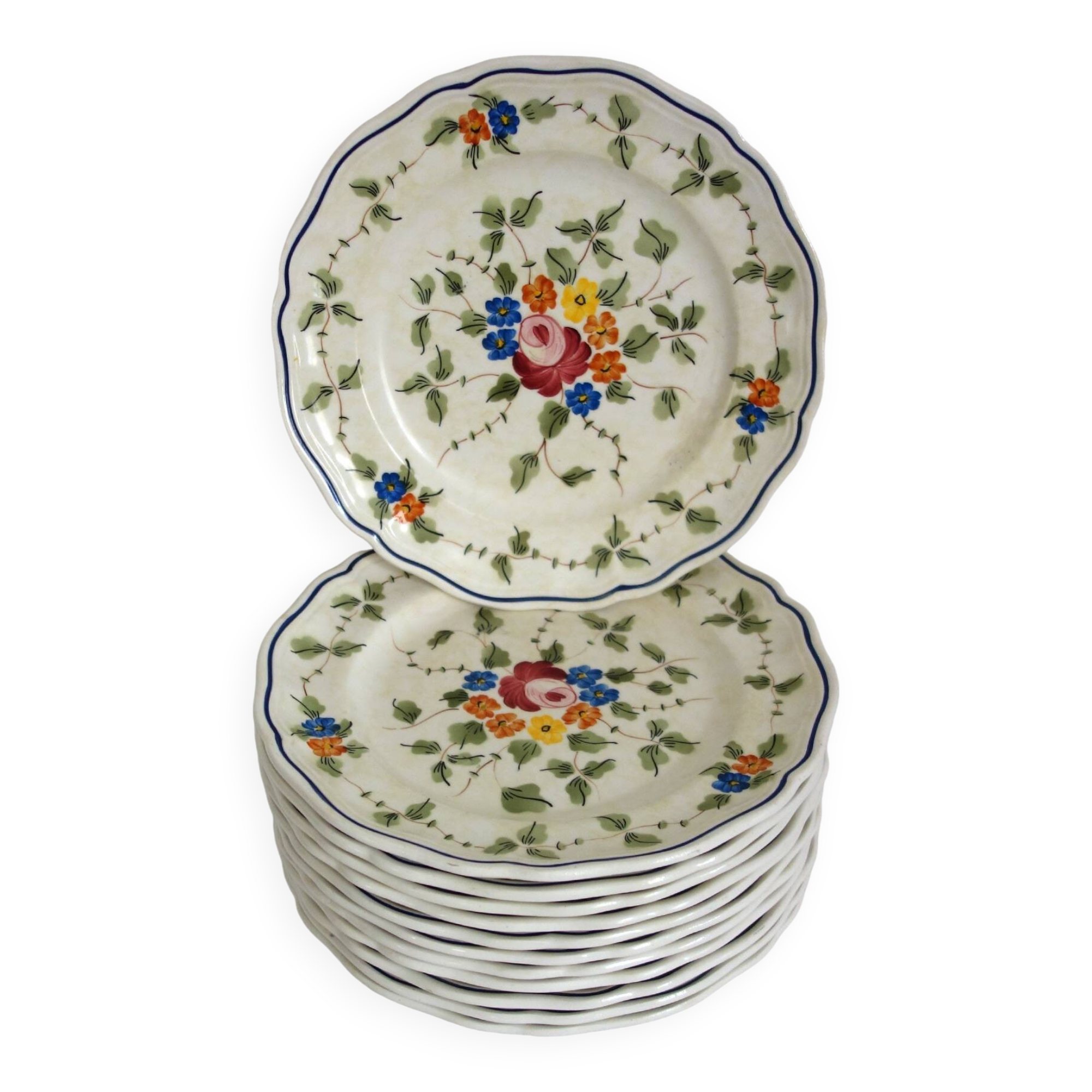 12 anciennes assiettes à dessert Longchamp décor fleuri