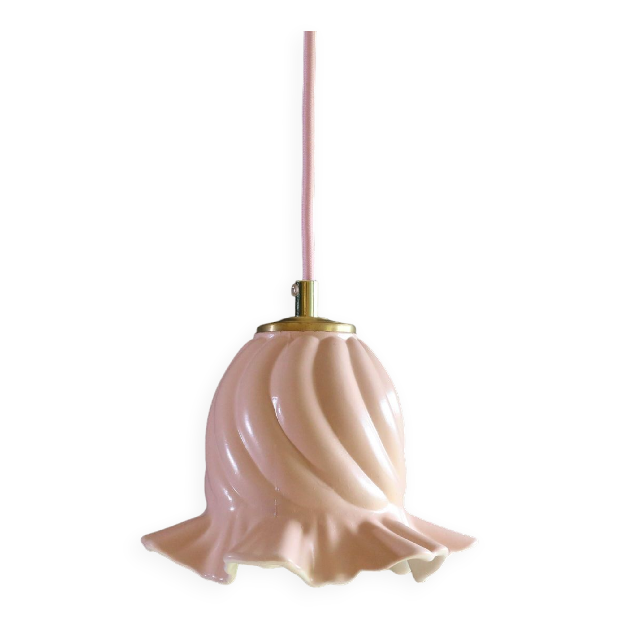 Old pendant light in pink and white painted glass, French pendant light - delivered with socket and cable