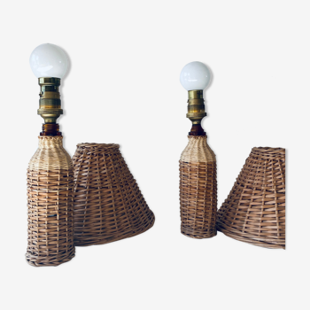 Paire de lampes de chevet en rotin