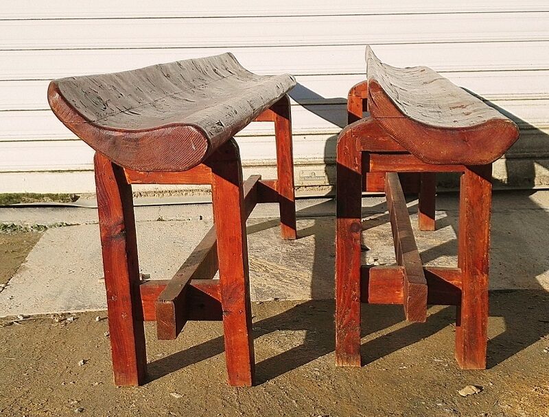 Pair of farm benches, solid wood, brutalist