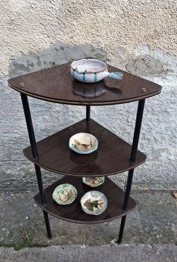 Meuble d'angle à 3 étagères en formica marron et structure métallique noire