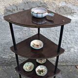 Corner unit with 3 shelves in brown Formica and black metal frame