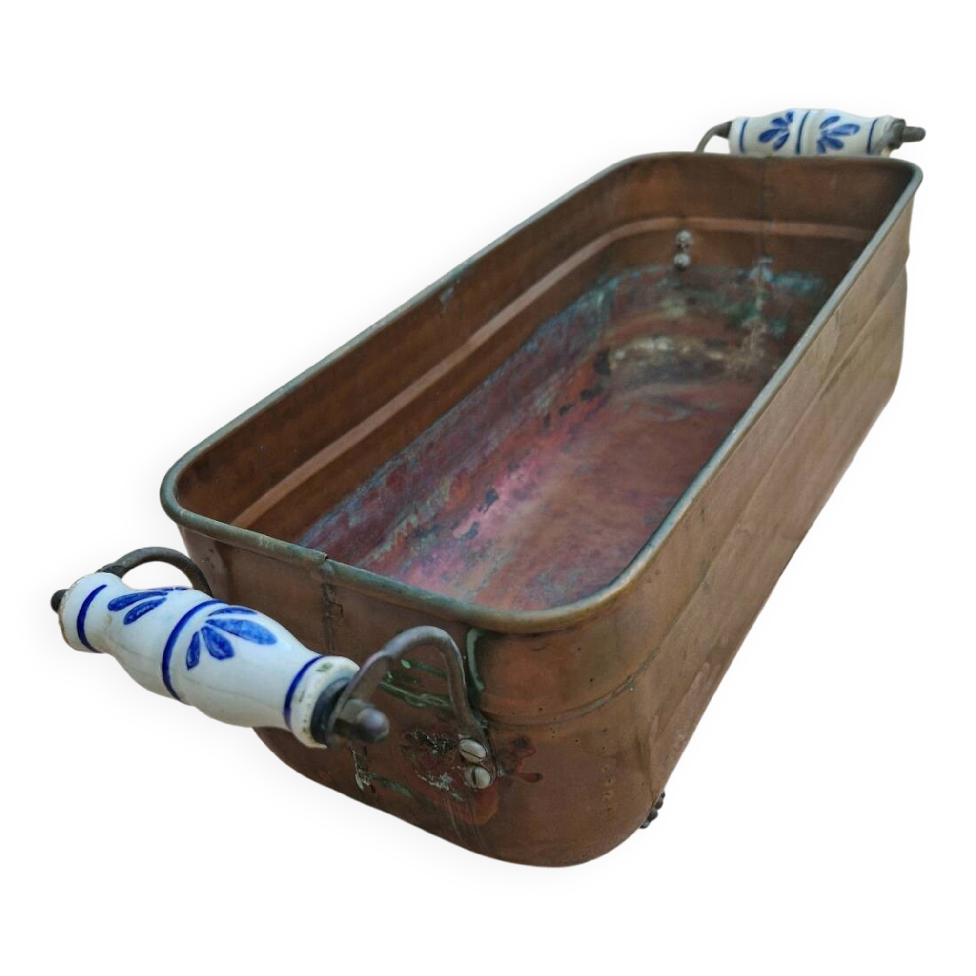 Cache-pot vintage en cuivre avec poignées en céramique et pieds griffe