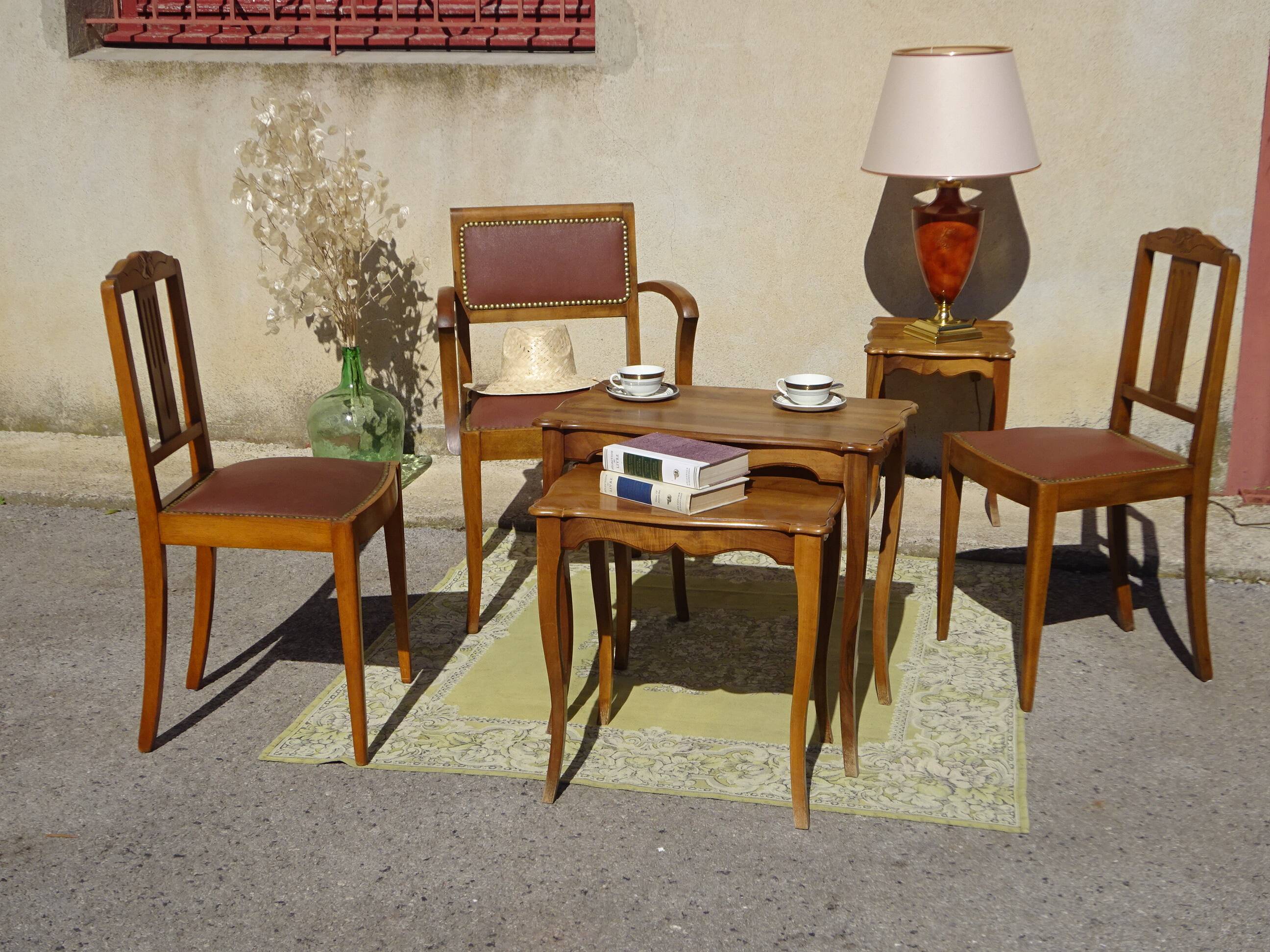 Matching set of 1 bridge armchair and 2 Art Deco chairs.
