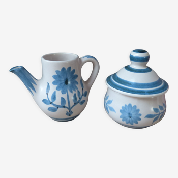 Sugar bowl and small milk jug Longchamp French ceramic Blue Flower Pattern