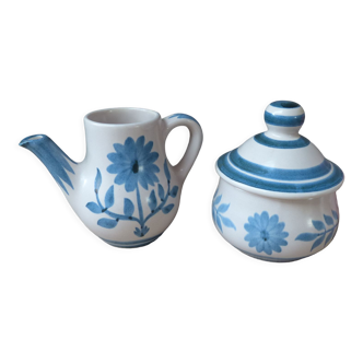 Sugar bowl and small milk jug Longchamp French ceramic Blue Flower Pattern