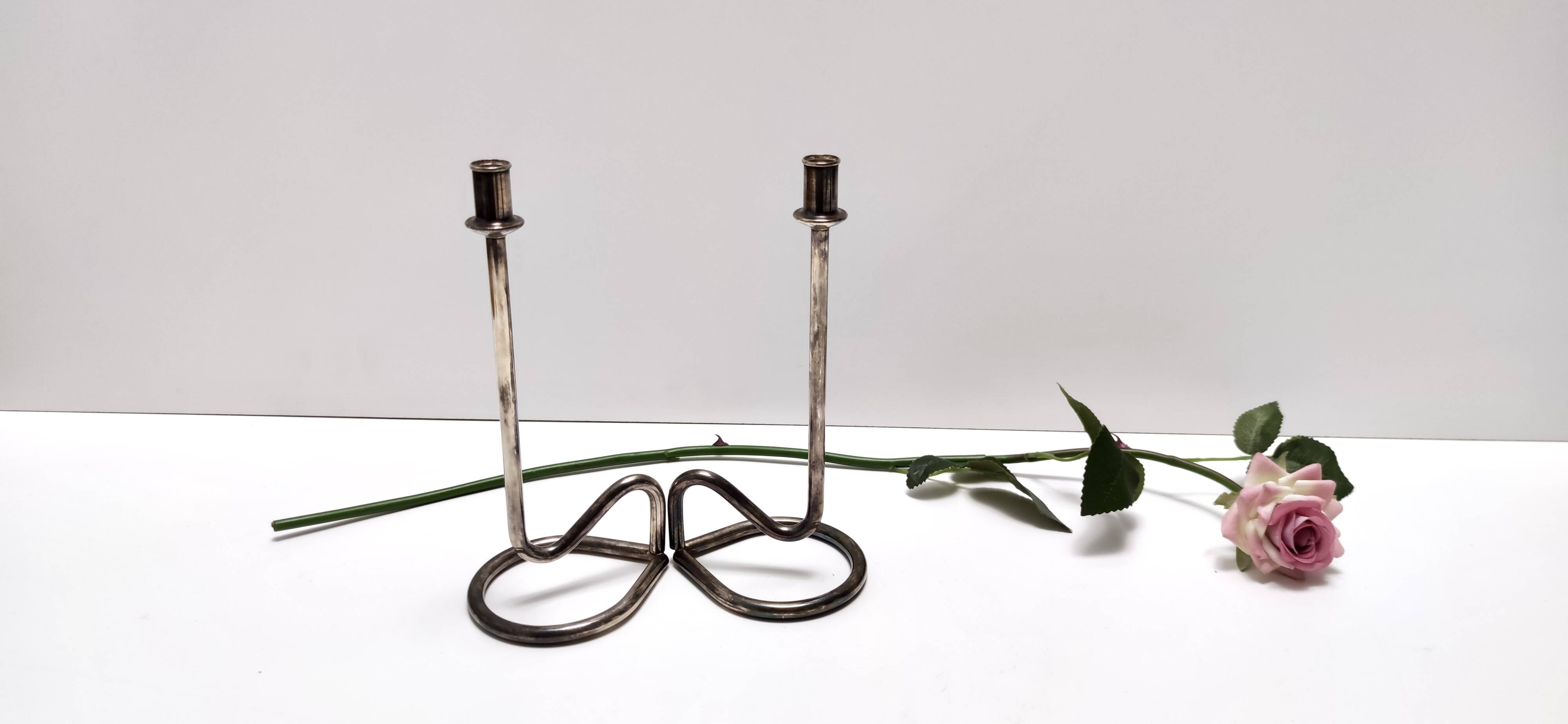 Minimalist Pair of Silver Plated Metal Candleholders in the Style of Sabattini