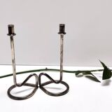 Minimalist Pair of Silver Plated Metal Candleholders in the Style of Sabattini