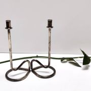 Minimalist Pair of Silver Plated Metal Candleholders in the Style of Sabattini