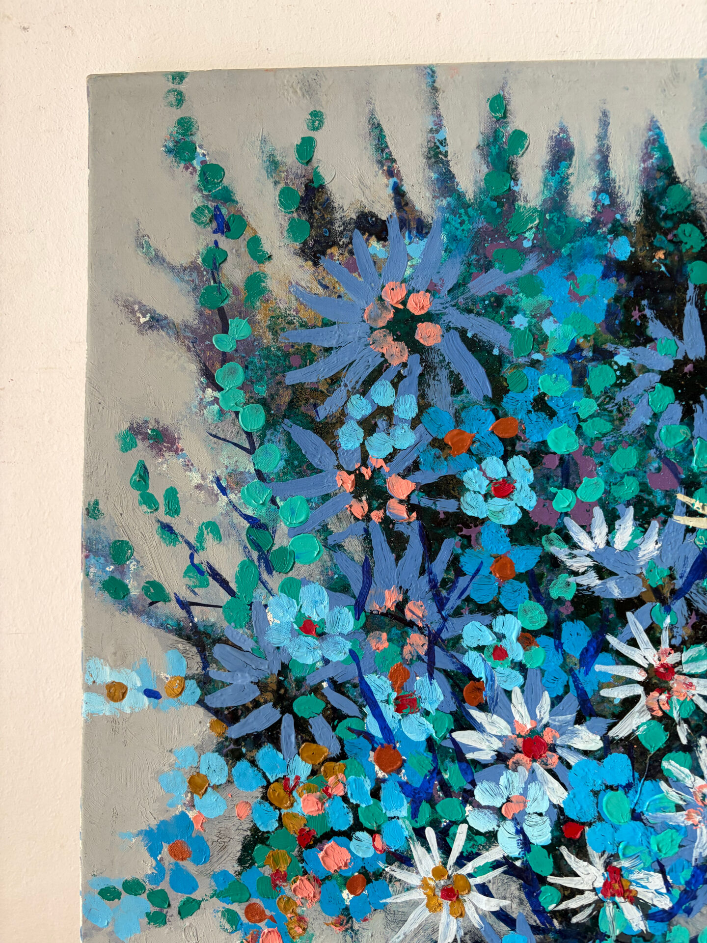 Blue flowers in celebration, oil on canvas signed Jacques Rouquier.